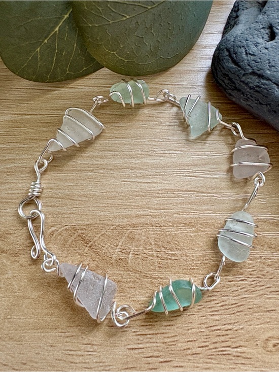 Hand Crafted Jewelry - Hand Crafted Silver Plated Wire-Wrapped Sea Glass Bracelet